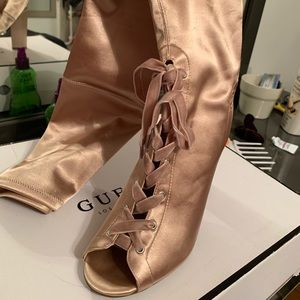 Guess Satin Thigh High Peep Toe Booties